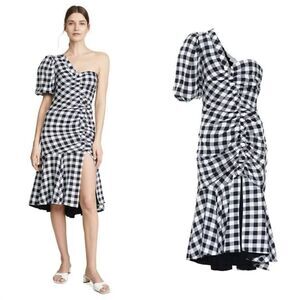 Jonathan Simkhai  Lux Twill One Shoulder Gingham Dress in Blue and white